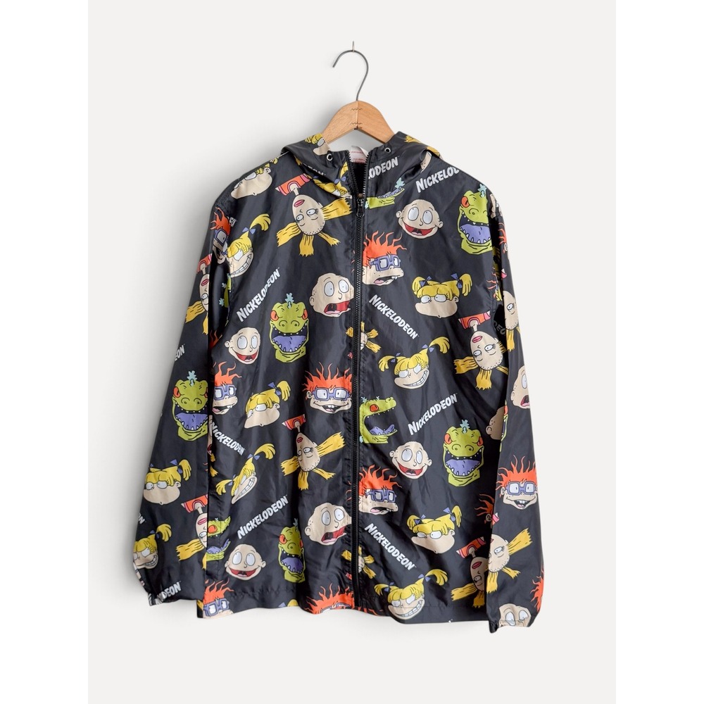 Nickelodeon Rugrats Windbreaker Jacket 90s Cartoon Print Medium Black Hooded Zip